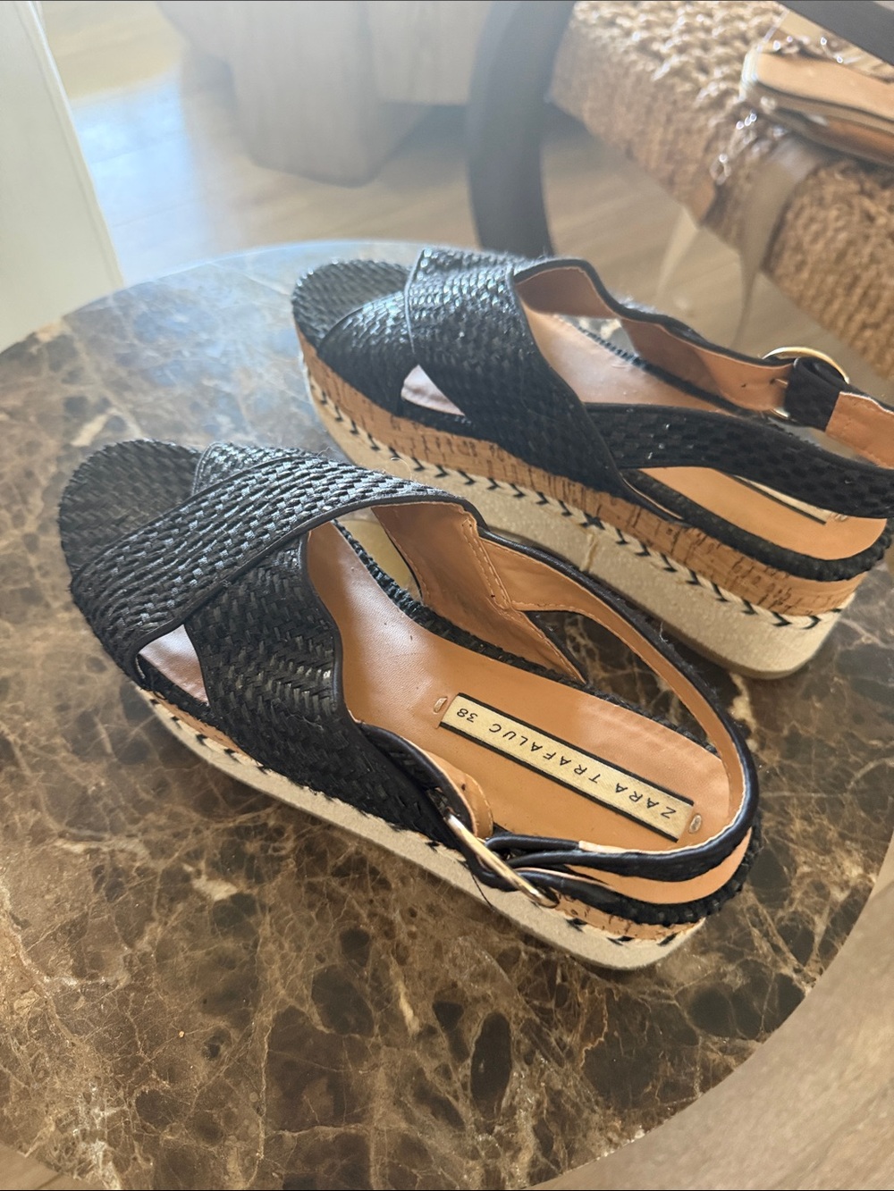 Zara Black Woven Espadrille Platform Slingbacks